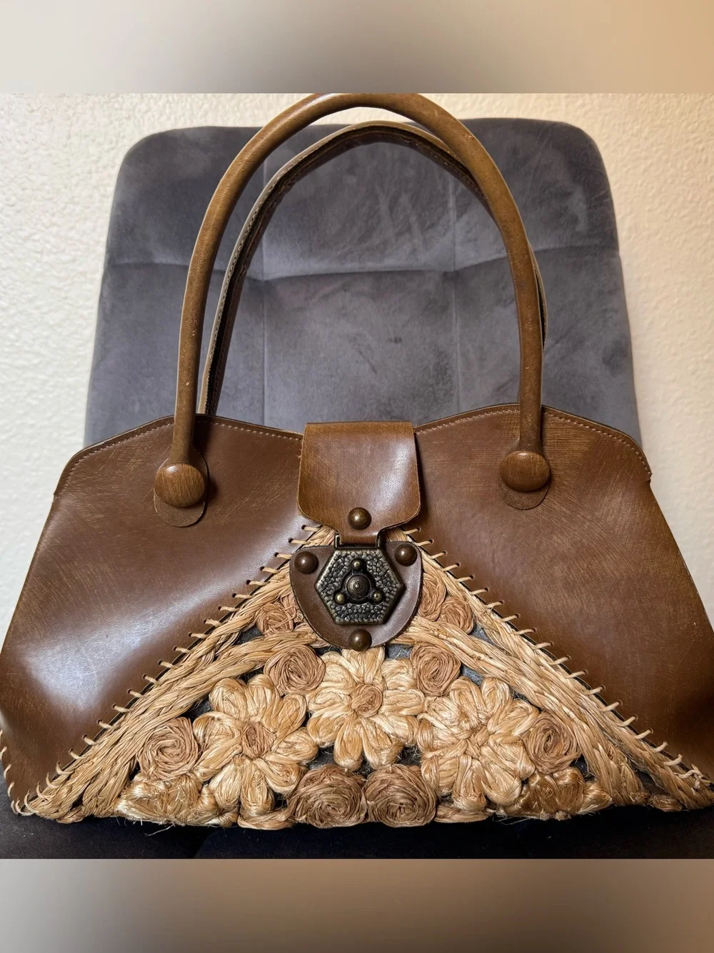 Vintage Rare Mahler California Brown Leather Wood Floral Handbag